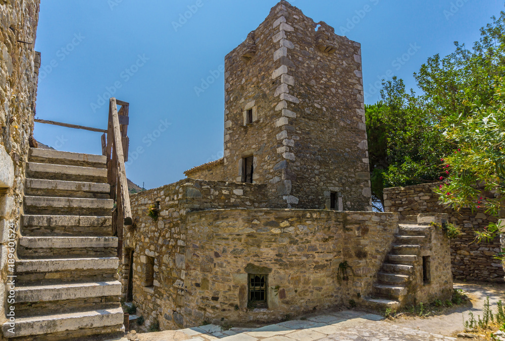 A tower in Mani in Greece. The Towers of Mani are military hallmarks. The need of fortifying the Mani home with a tower was the centralization and the segregation of society into clans or families