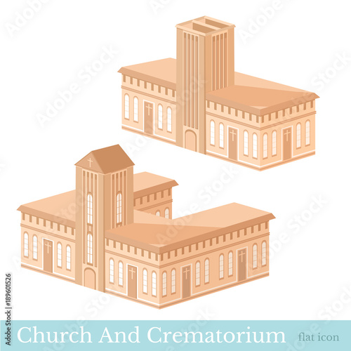 Vector isometric icon set or infographic elements representing buildings of crematorium and church in brown color