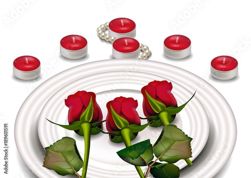 Red roses on white plates Vector realistic. Valentine day Romantic compositio...