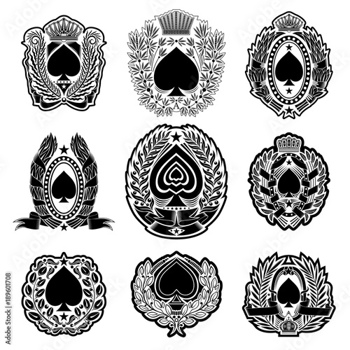 Set of spades for ace of spades or t-shirt print in vintage style silhouettes on white. Vector card template