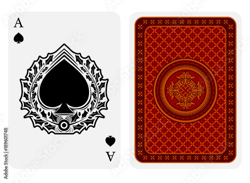 Ace of spades face with spades inside wreath and back red geometrical texture suit. Vector card template