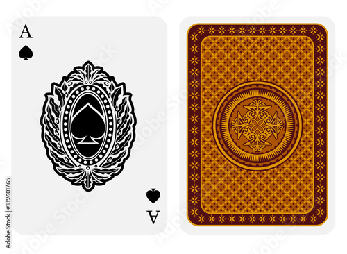 Ace of spades face with spades inside oval floral frame and back gold geometrical texture suit. Vector card template