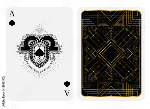 Ace of spades in line style shield face and back with golden art deco gatsby pattern style on black suit. Vector card template