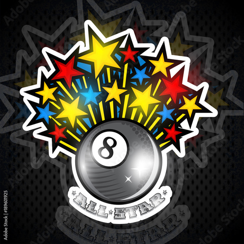Color stars fly out from billiard ball all star geme. Sport logo for any team or championship