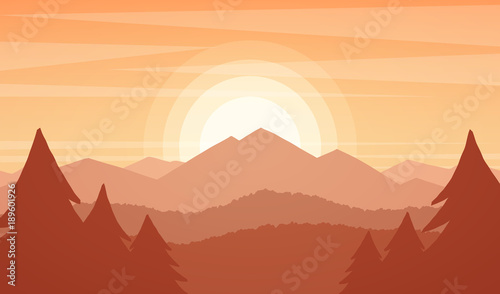 Vector illustration: Mountains landscape with sunset, pines and hills.