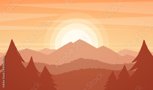 Vector illustration: Mountains landscape with sunset,  pines and hills.