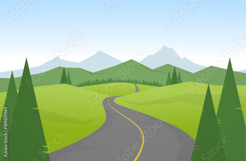 Vector illustration: Cartoon mountains landscape with road.