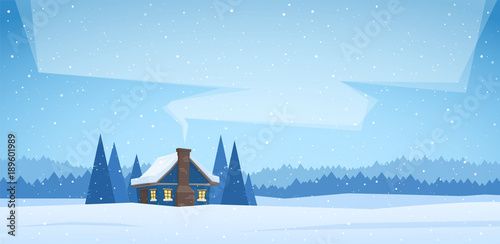 Vector illustration: Winter christmas landscape with cartoon house and smoke from the chimney. 