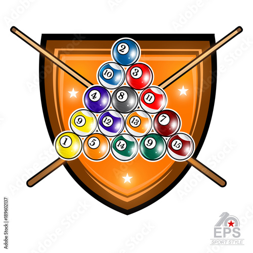 Pyramid of billiard balls with crossed cues in center of shield on white. Sport logo for any team or championship