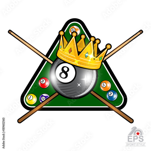 Billiard ball with crown and pyramyd gren table with crossed cues on whit. Sport logo for any team or championship photo