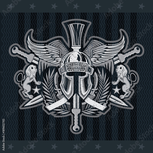 Spartan helmet front view with wings between wreath, crossed swords and lions. Heraldic vintage label on blackboard