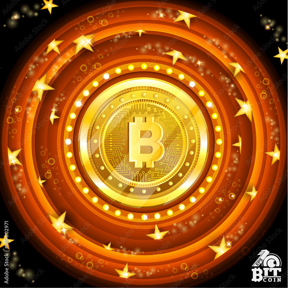 Golden bit coin in the center of orange round frames with stars Golden bit coin in the center of orange round frames with stars