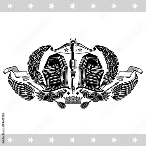 Two knight helmets between torches and wings with crossbow in center. Heraldic vintage label on white