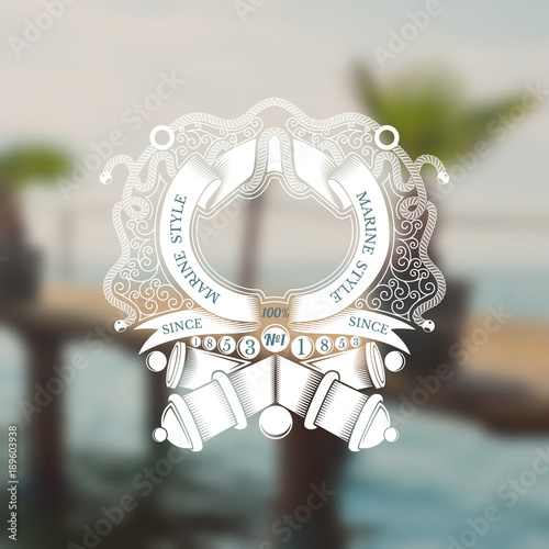 Cross cannons with cannonballs and frame from ribbon in center of line pattern. Marine vintage label on blurred sea photo background