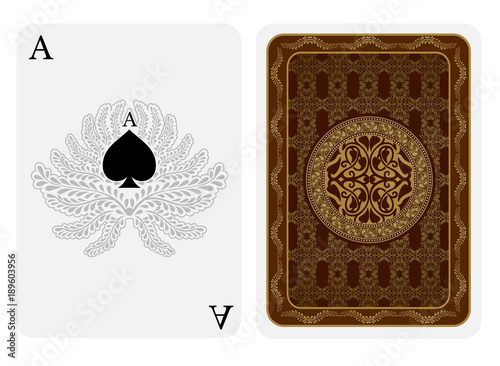 Ace of spades face with spades inside wreath frame and golden-brown floral suit. Vector card template