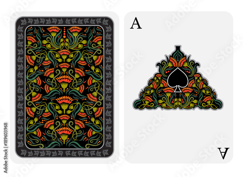 Ace of spades face with spades inside flower pattern frame and bright plant on black suit. Vector card template