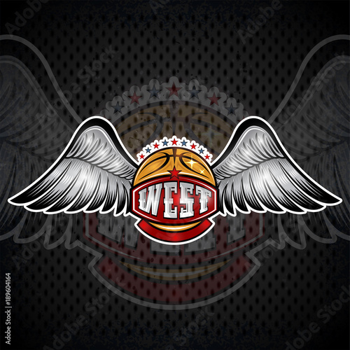 Basketball ball with wings and west lettering. Vector sport logo for any team and championship
