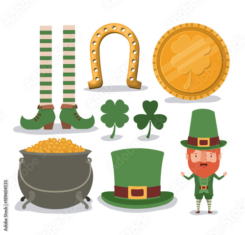saint patricks day typical elements set in colorful silhouette vector illustration