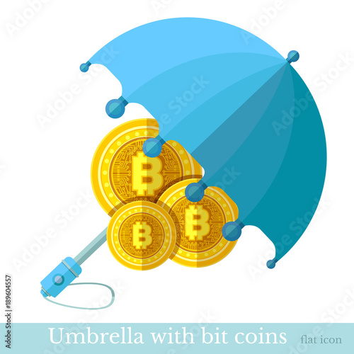 Flat business icon bit coins protected by umbrella