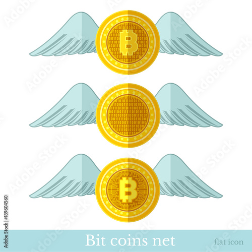 set of flat icons bit coins with wings isolate on white