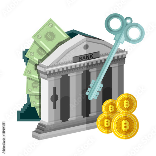 Flat business icon bit coins near bank with cash isolate on white
