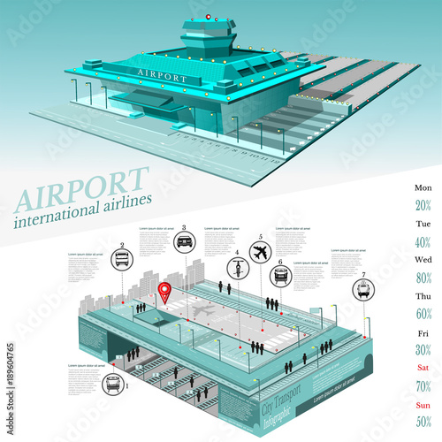 City transport info graphic with building of airport and two level part street with transport communication