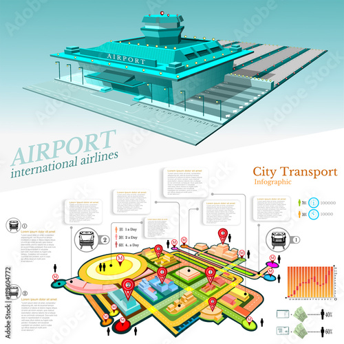 City transport info graphic with building of airport and part city with transport communication