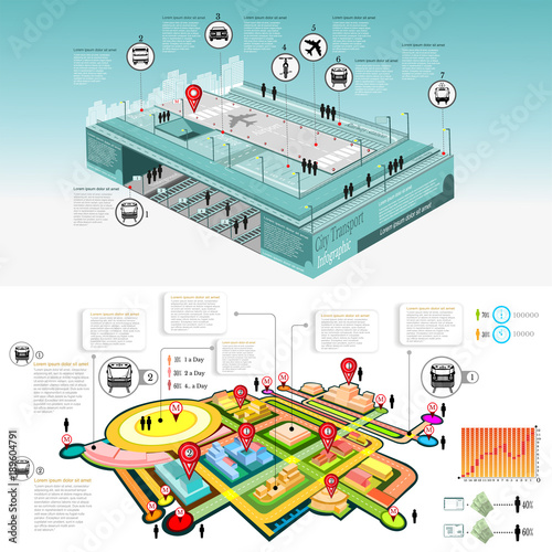 City transport info graphic with part of street with and part of city with transport communication