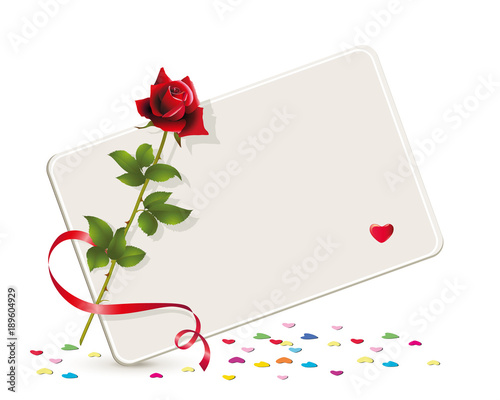 Blanko Karte zum selbstbeschriften mit Herzchen,
Karte mit Rose und Valentinstags Grüße
Vektor Illustration isoliert auf weißem Hintergrund
