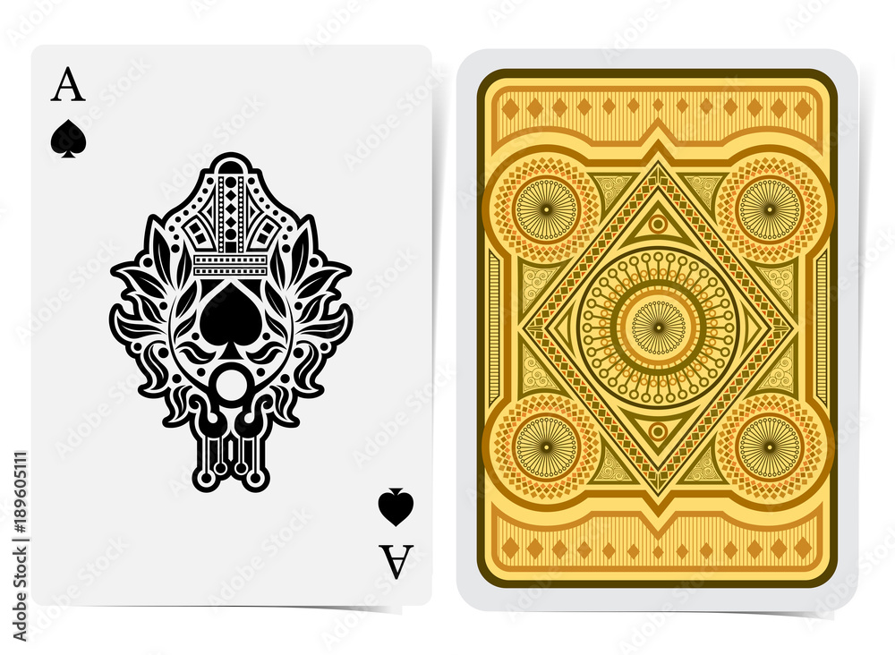 Ace of spades face with spades inside wreath with crown and back with golden brown geometrical pattern suit. Vector card template