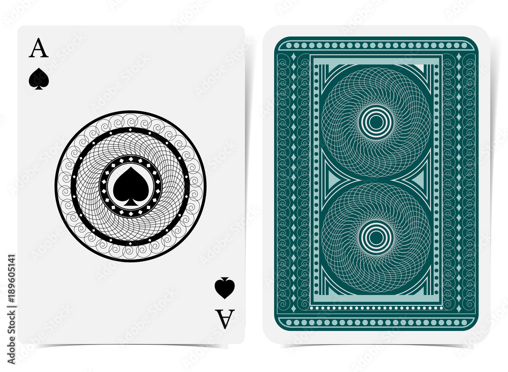 Ace of spades face with spades inside round curly frame and back with