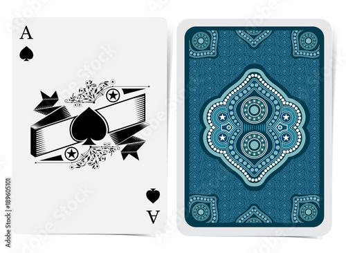 Ace of spades face with spades with ribbon and pattern and back with blue white geometrical texture suit. Vector card template photo