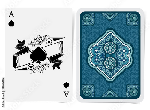 Ace of spades face with spades with ribbon and pattern and back with blue white geometrical texture suit. Vector card template