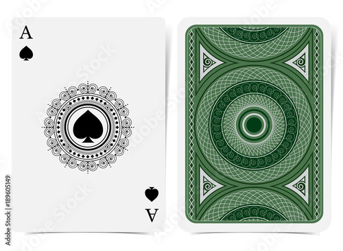 Ace of spades face with spades inside round curly frame and back with silver geometrical pattern on green suit. Vector card template