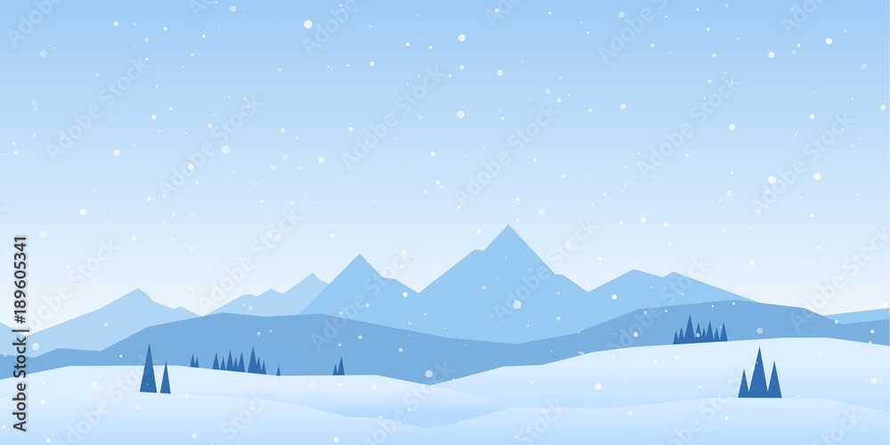 Fototapeta premium Wektorowa ilustracja: Zima gór krajobraz z sosnami i wzgórzami.