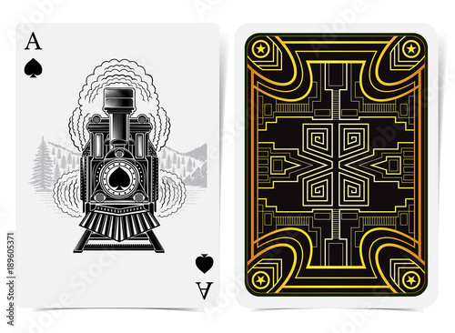 Ace of spades with spades inside vintage train in engraving style and back with golden art deco gatsby pattern style on black suit. Vector card template