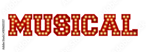 Musical word made from red vintage lightbulb lettering isolated on a white. 3D Rendering