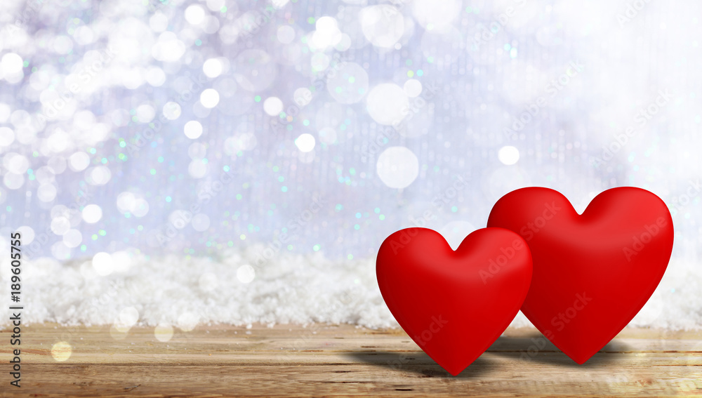 Valentine's day. Red attached hearts on blur snow background, banner, copy space. 3d illustration