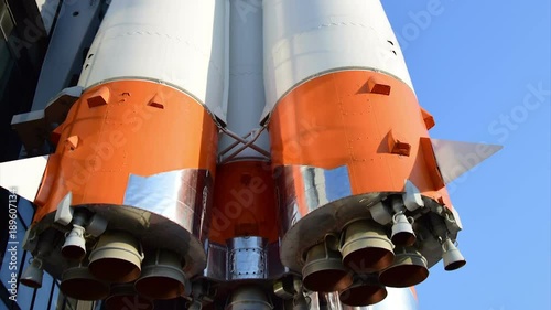 Monument of russian space rocket Vostok one. Panoramic
