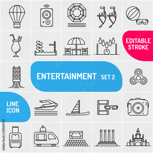 Modern thin line Entertainment icons set. Premium quality outline symbol collection. Simple mono linear pictogram pack. Stroke vector logo concept, web graphics photo
