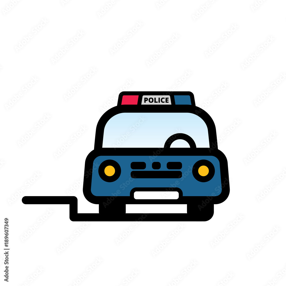 Front view of Blue Police Car with red and blue beacon on roof. Linear vector illustration with editable line. EPS10 Front view of Blue Police Car with red and blue beacon on roof. Linear vector illustration with editable line. EPS10
