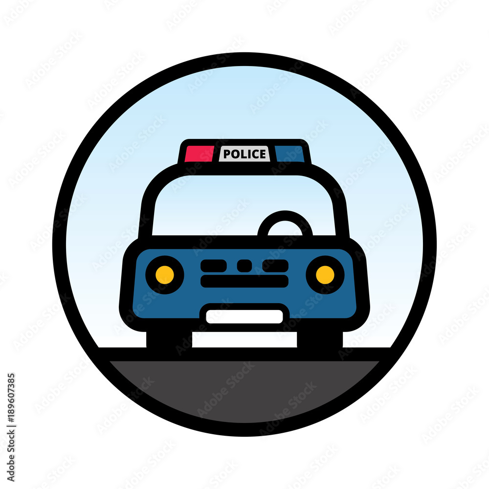 Front view of Blue Police Car with red and blue beacon on roof. Linear vector illustration with editable line. EPS10