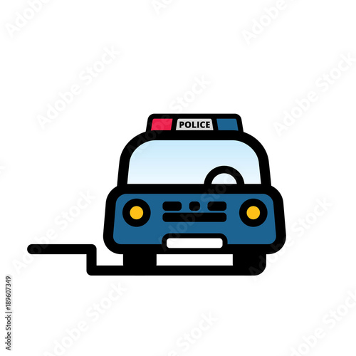 Front view of Blue Police Car with red and blue beacon on roof. Linear vector illustration with editable line. EPS10