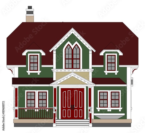 Old house in Victorian style. Illustration on white background. Species from different sides.