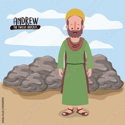 the twelve apostles poster with andrew in scene in desert next to the rocks in colorful silhouette vector illustration