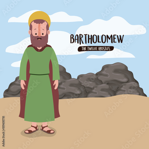 the twelve apostles poster with bartholomew in scene in desert next to the rocks in colorful silhouette vector illustration