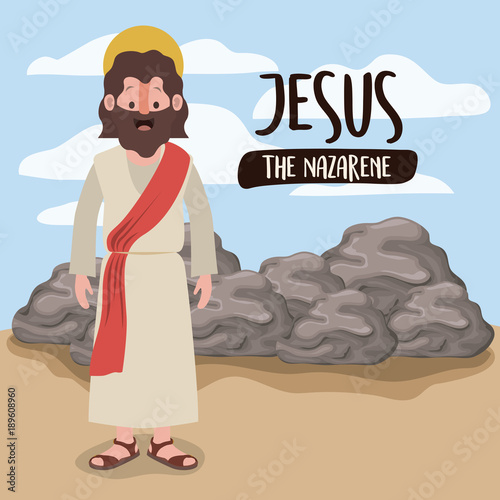 jesus the nazarene in scene in desert next to the rocks in colorful silhouette vector illustration