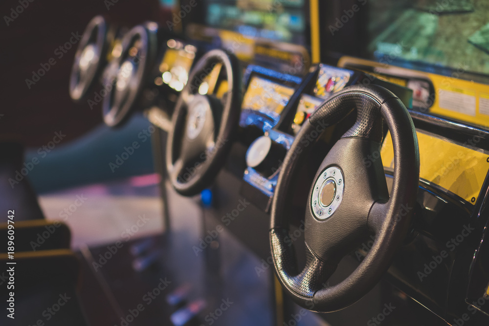 Fototapeta premium Racing simulator game in theme park.