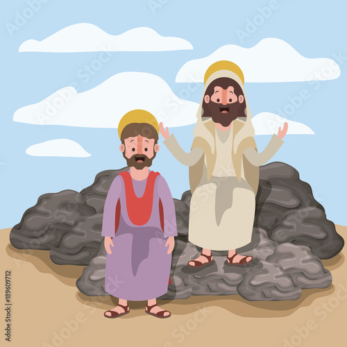 jesus the nazarene and matthew in scene in desert sitting on the rocks in colorful silhouette vector illustration