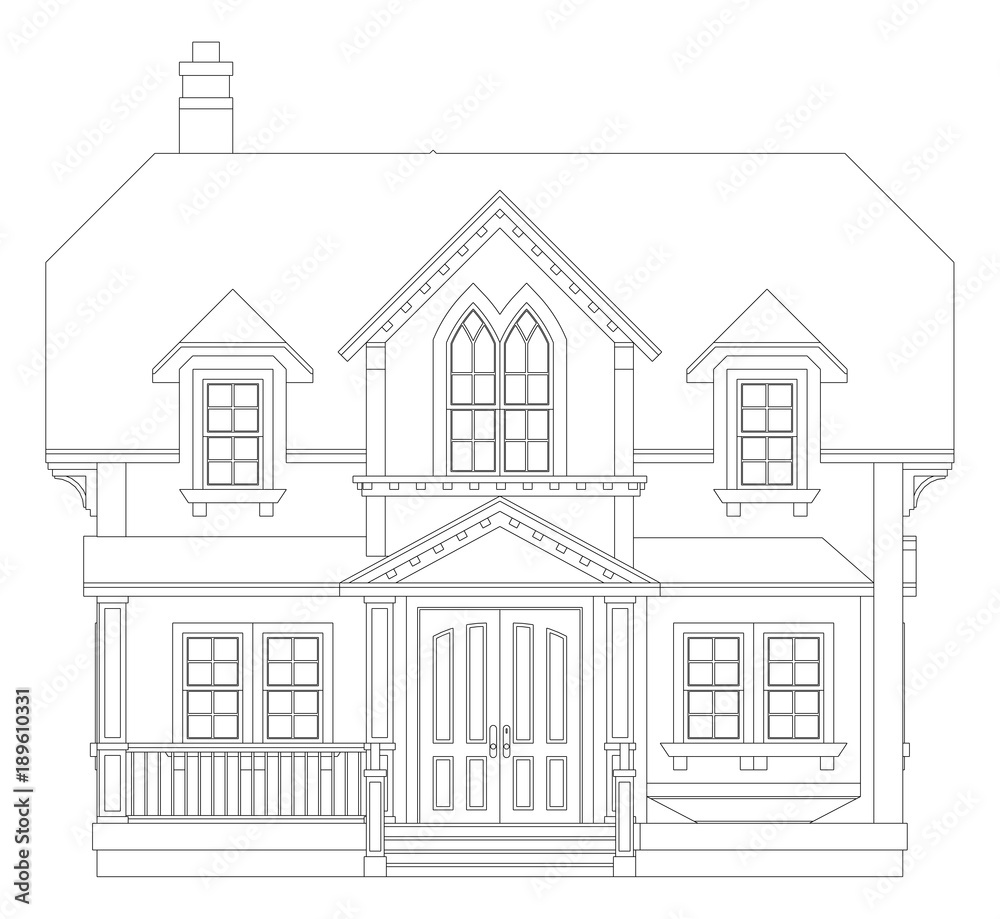 Old house in Victorian style. Illustration on white background. Black ...